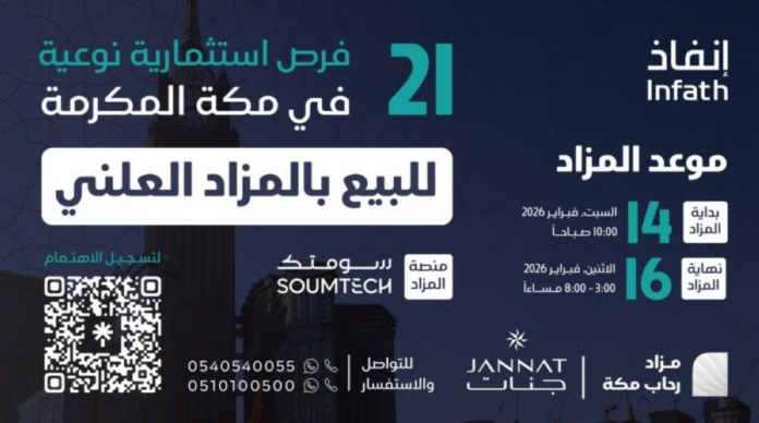 جنات العقارية: مزاد رحاب مكة الإلكتروني 21 فرصة استثمارية 2026